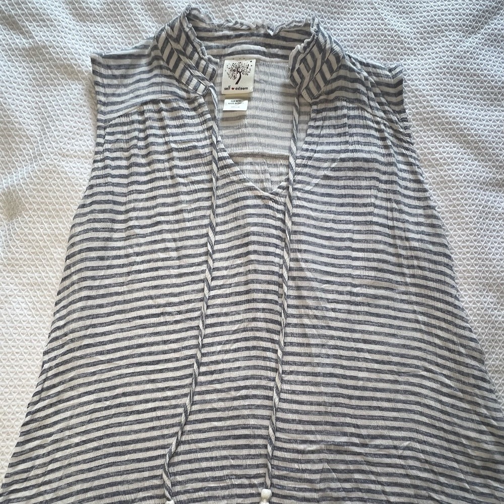 Self Esteem Striped‎ Sleeveless V-Neck Blouse With Tassels Blue White Medium